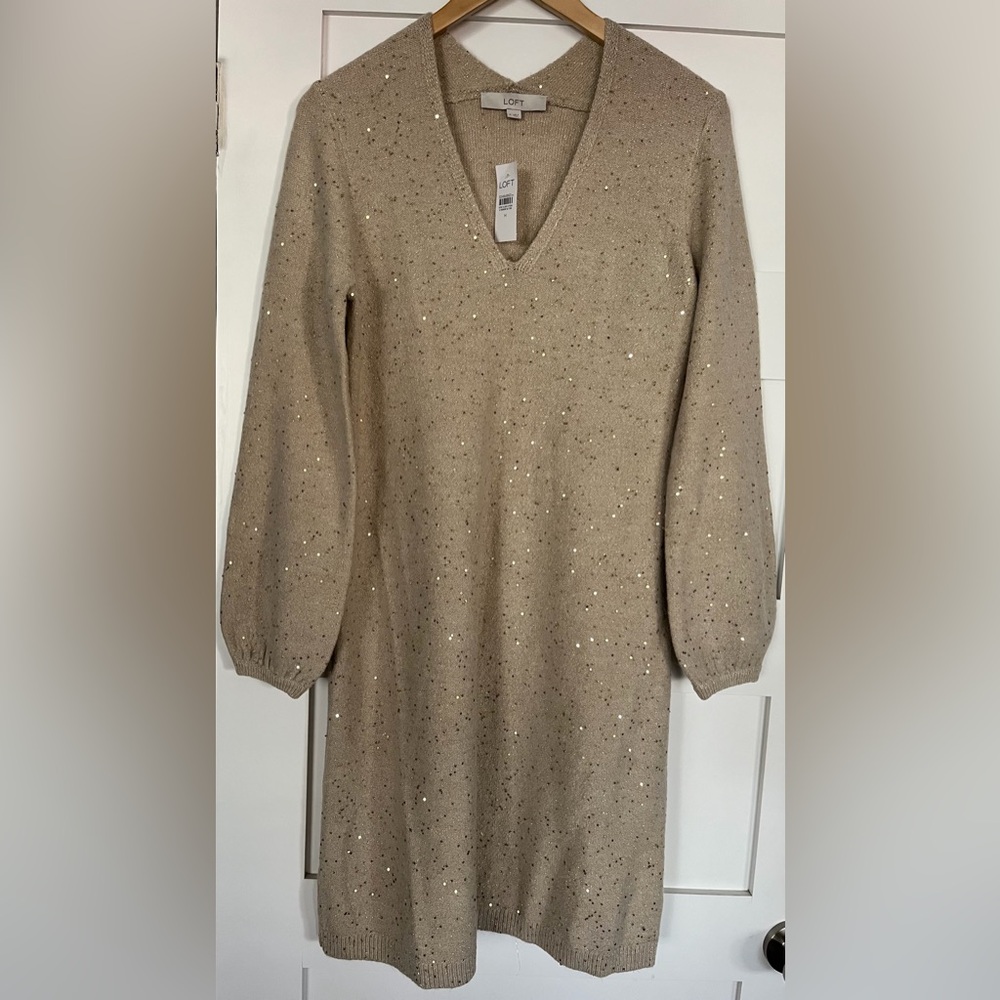 NWT LOFT Tan Knit Dress with Sequin Details